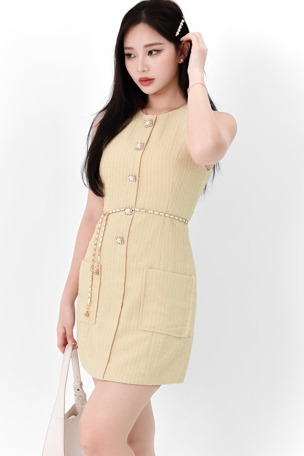 DEFECT | Thea Tweed Chain Dress in Pale Yellow S