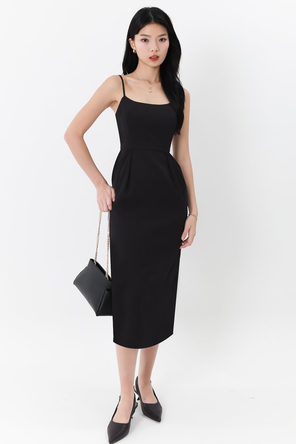 Prestine Pleat Midi Dress in Black