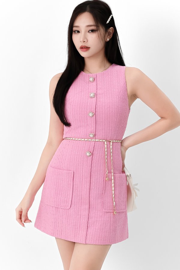 Thea Tweed Chain Dress in Barbie Pink