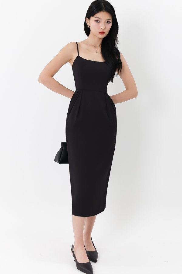 Prestine Pleat Midi Dress in Black