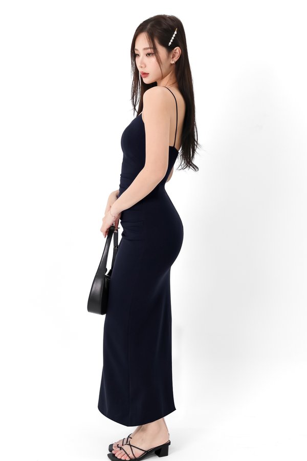 DEFECT | Pearlynn Padded Ruched Midi V2 in Midnight in XS