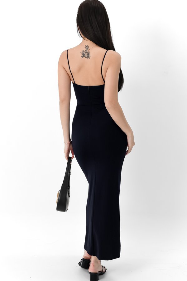 DEFECT | Pearlynn Padded Ruched Midi V2 in Midnight in XS