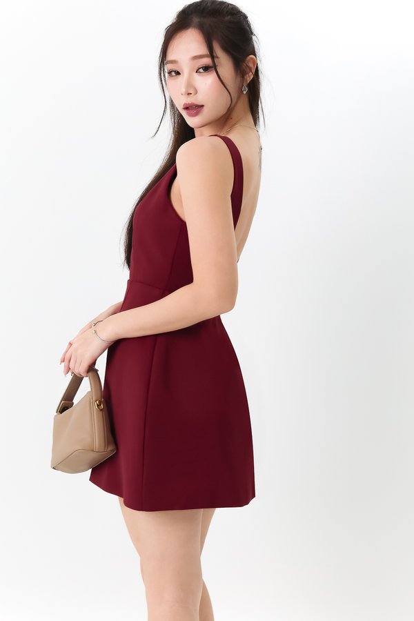 Becca Boat Neck Romper Dress in Dark Red