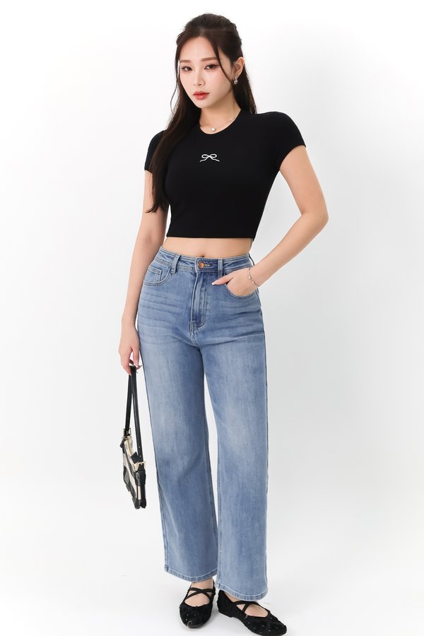 Raye Ribbon Embroidery Padded Tee in Black x White