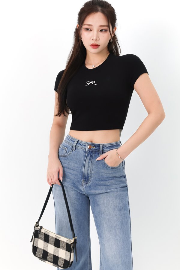 Raye Ribbon Embroidery Padded Tee in Black x White