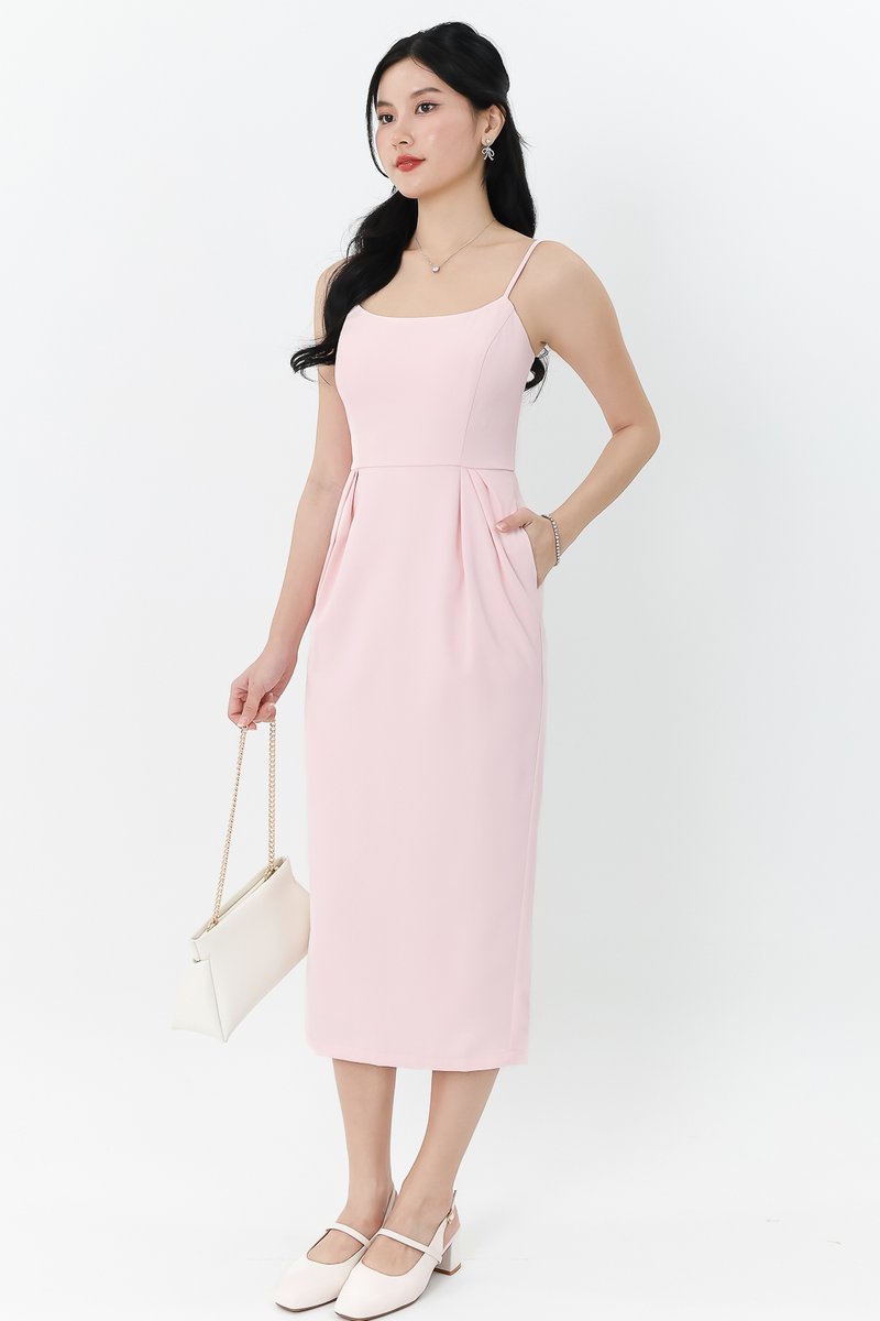 Prestine Pleat Midi Dress in Pastel Pink