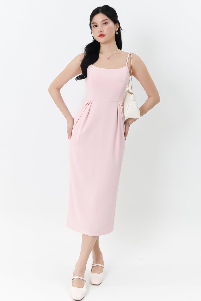 Prestine Pleat Midi Dress in Pastel Pink