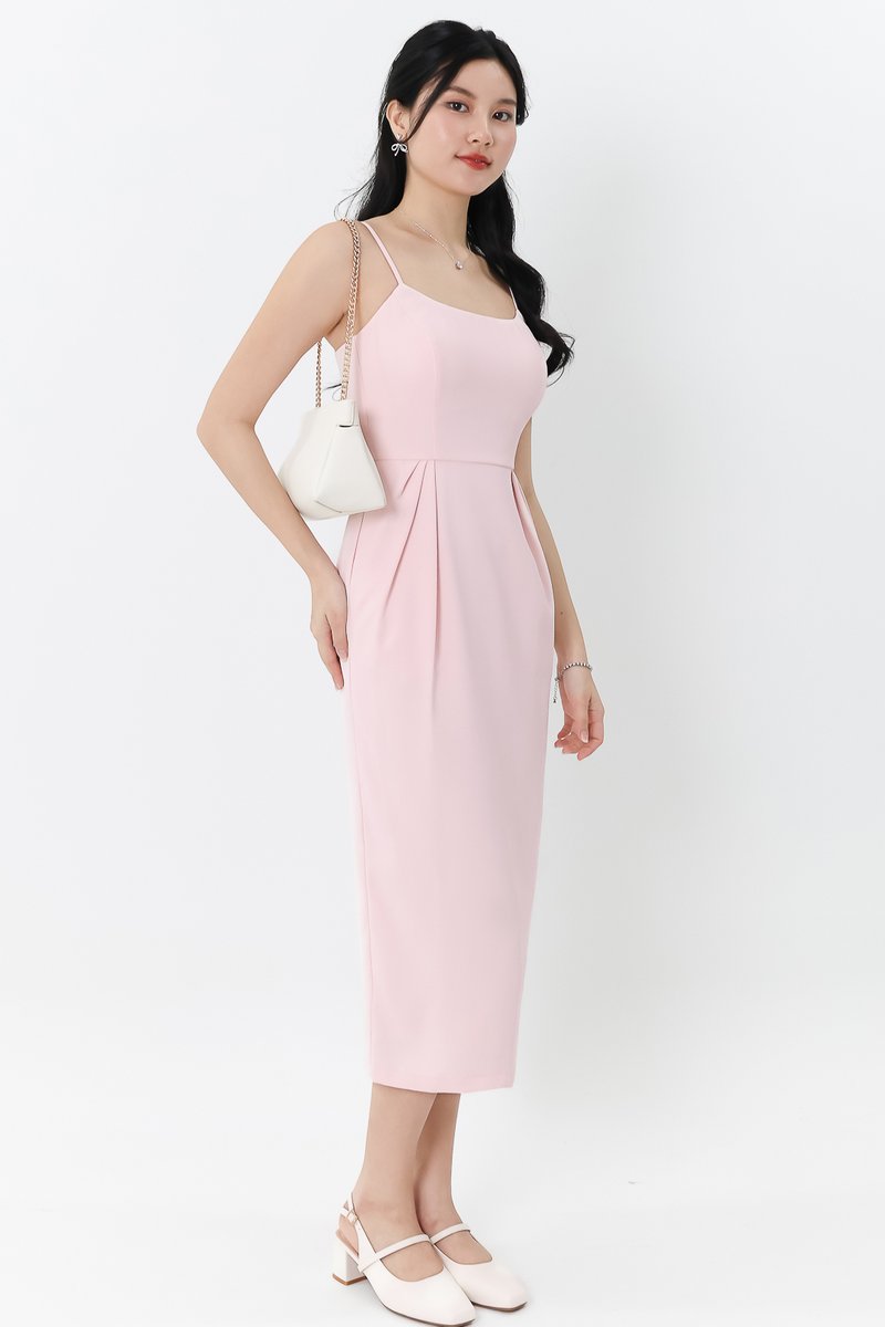 Prestine Pleat Midi Dress in Pastel Pink