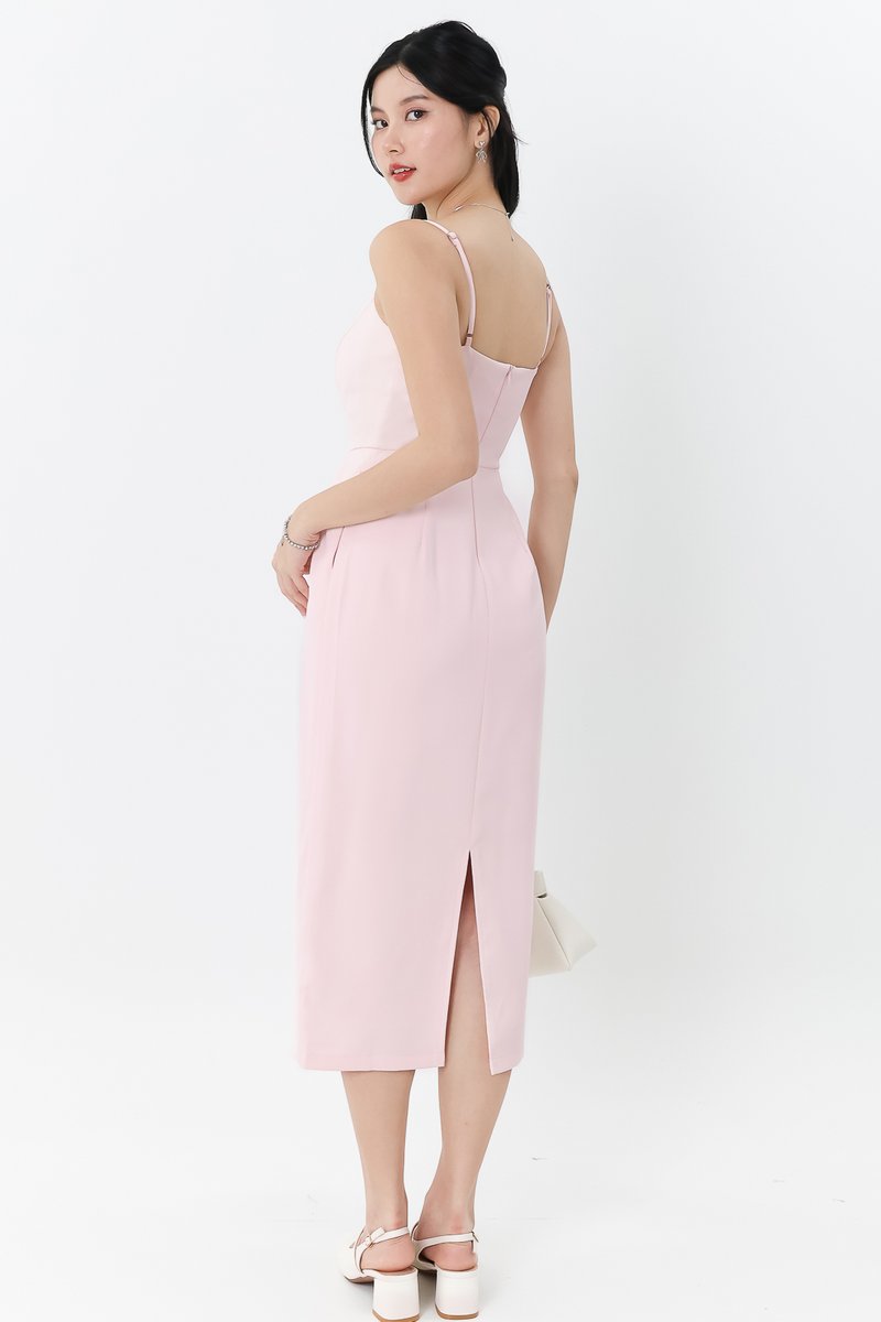Prestine Pleat Midi Dress in Pastel Pink