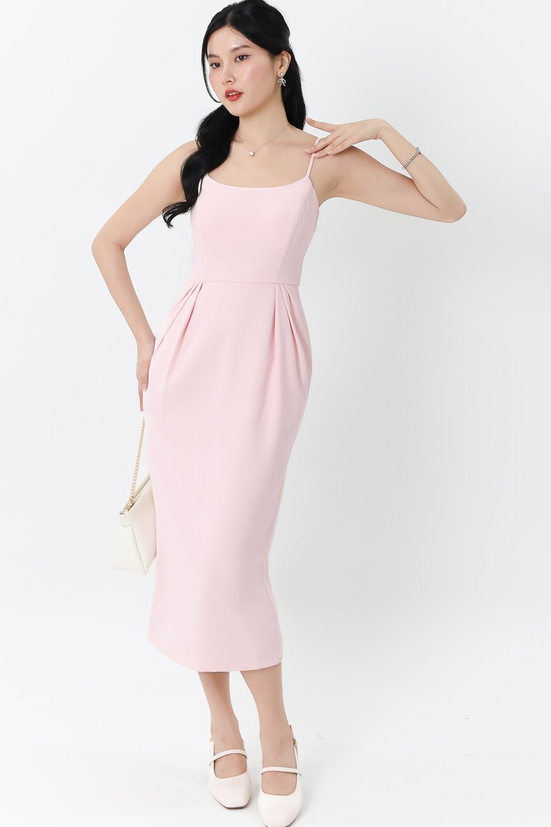 Prestine Pleat Midi Dress in Pastel Pink