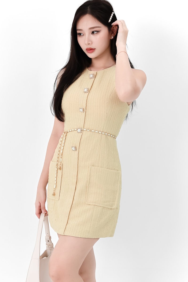 Thea Tweed Chain Dress in Pale Yellow