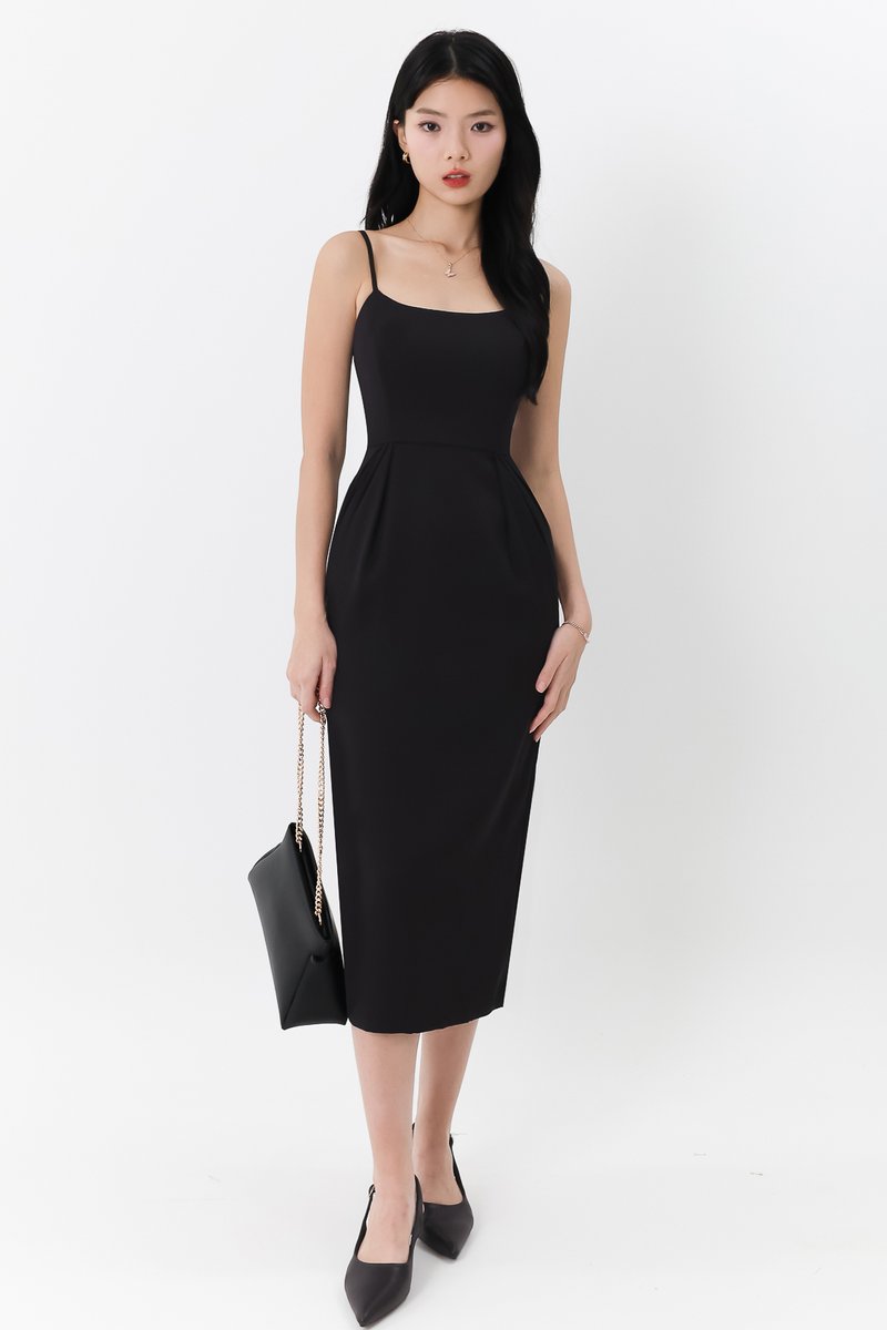 Prestine Pleat Midi Dress in Black