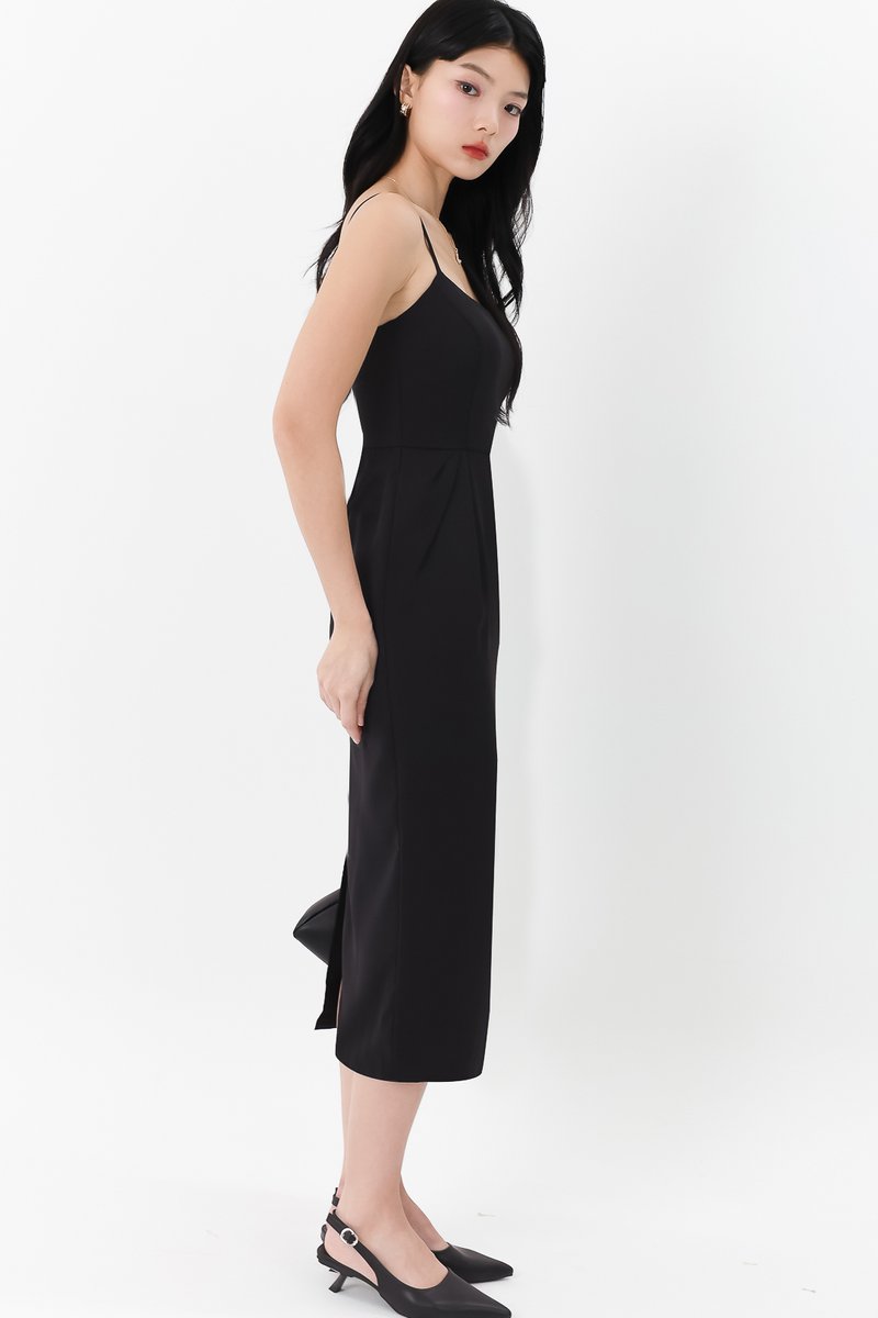 Prestine Pleat Midi Dress in Black