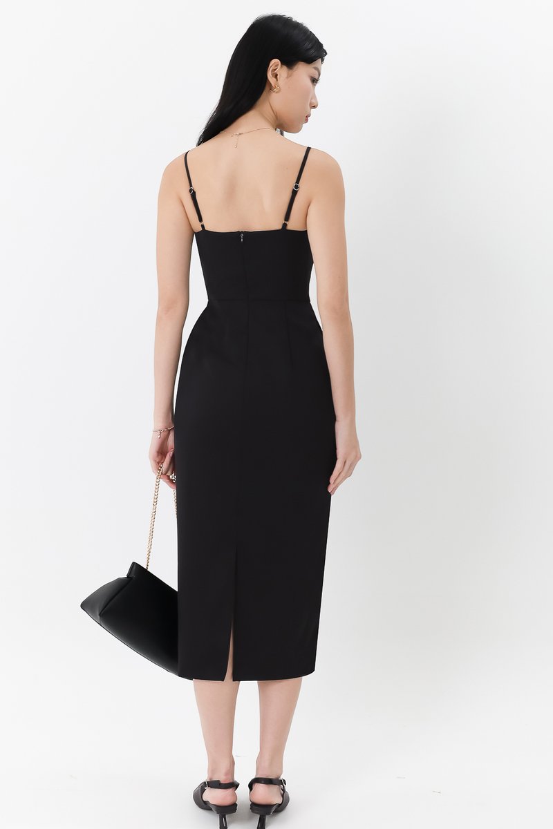 Prestine Pleat Midi Dress in Black