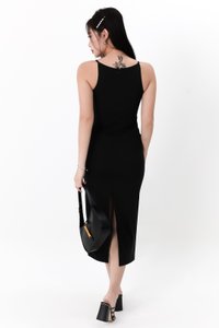 Rindie Ruched Slit Dress in Black