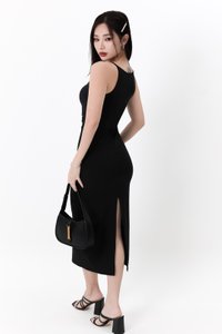 Rindie Ruched Slit Dress in Black