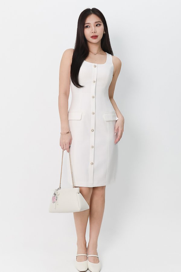 Pearine Pearl Button Down Midi in White