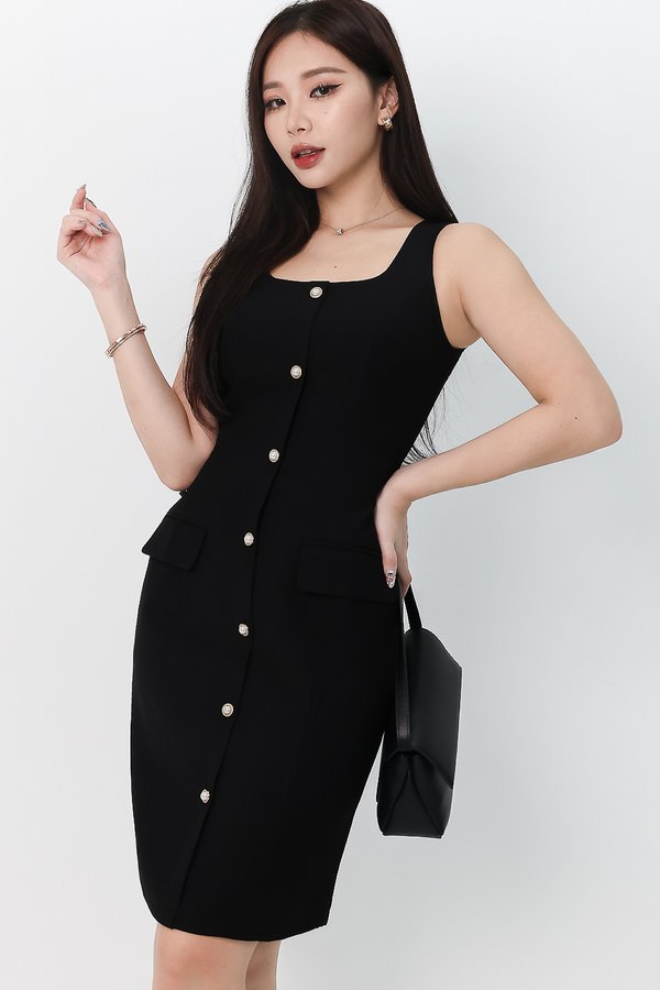 Pearine Pearl Button Down Midi in Black