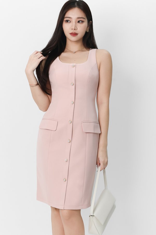 Pearine Pearl Button Down Midi in Pastel Pink