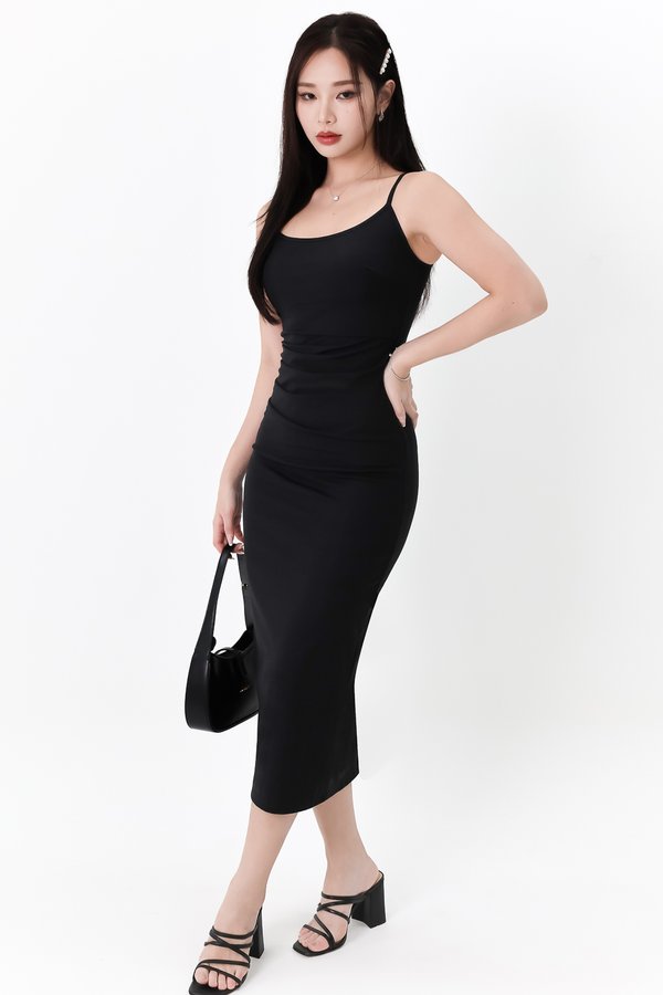 Rindie Ruched Slit Dress in Black