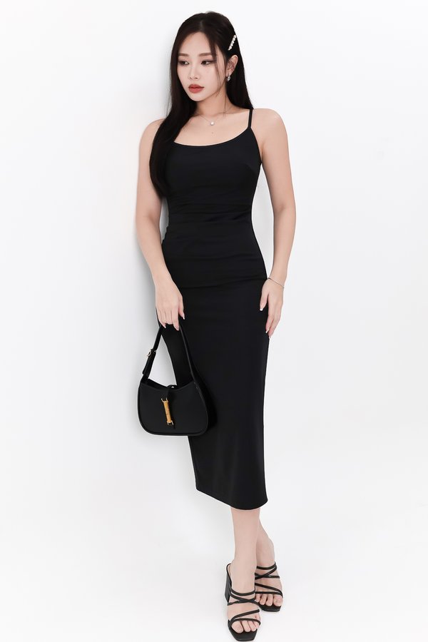 Rindie Ruched Slit Dress in Black