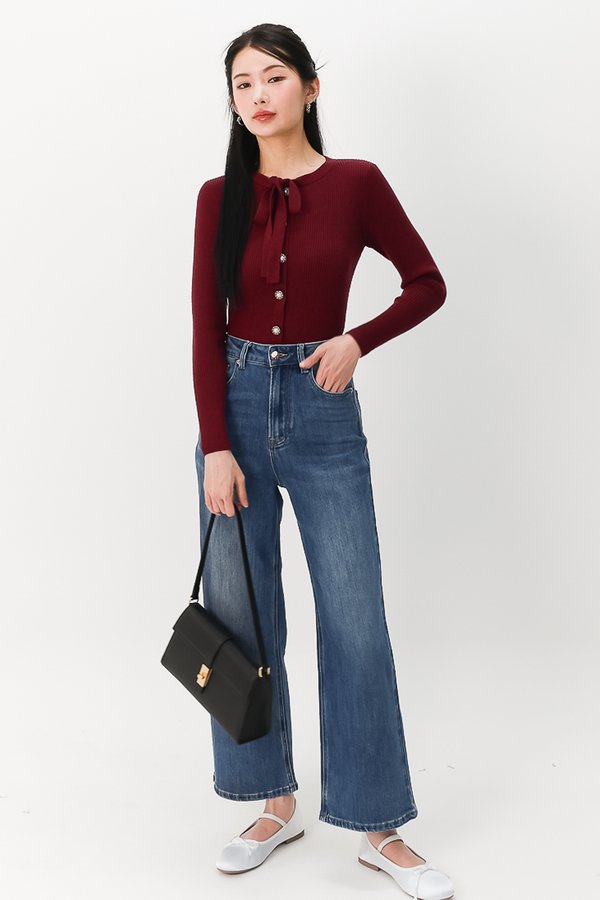 Terra Tie Ribbon Knit Long Sleeve Top in Dark Red