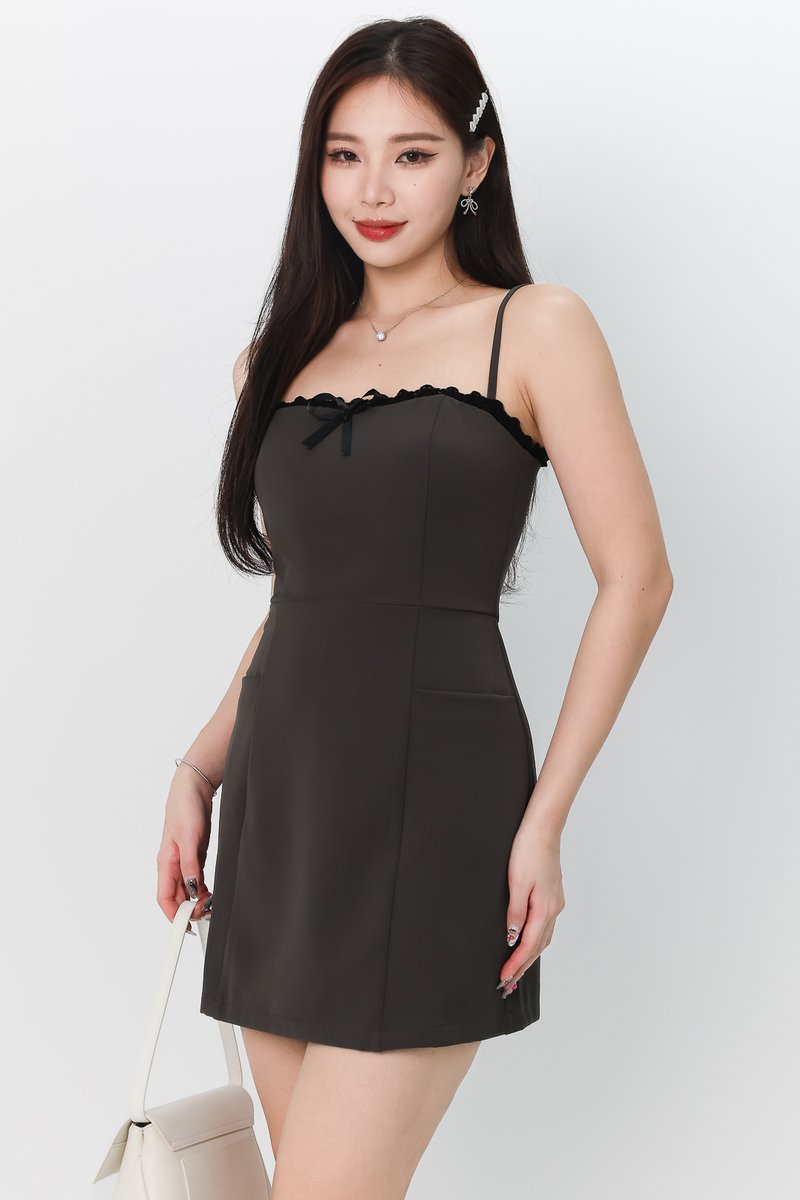 DEFECT | Raegan Ribbon Romper Spag Dress in Dark Grey in S