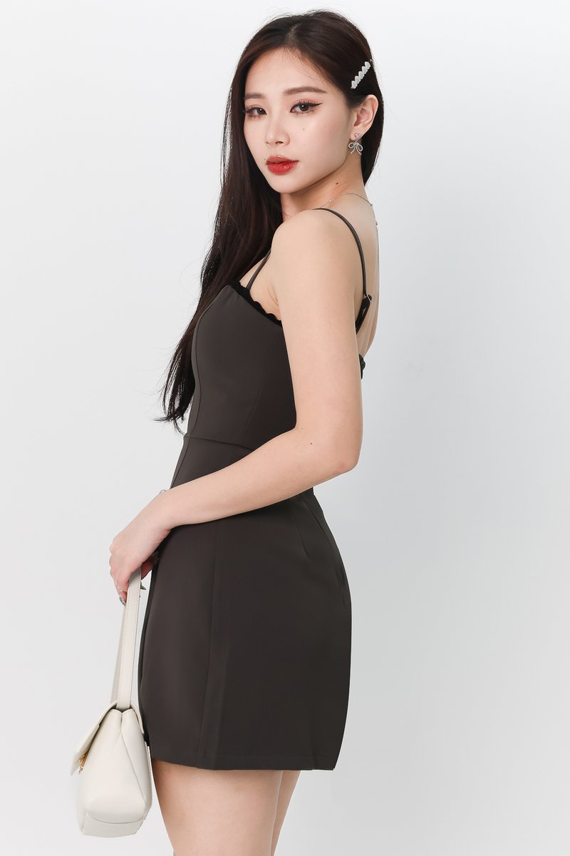 DEFECT | Raegan Ribbon Romper Spag Dress in Dark Grey in S
