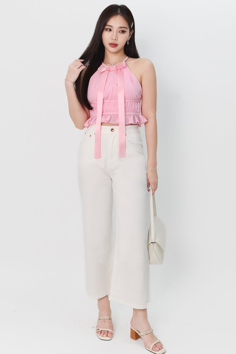 Riverie Ribbon Halter Top in Barbie Pink