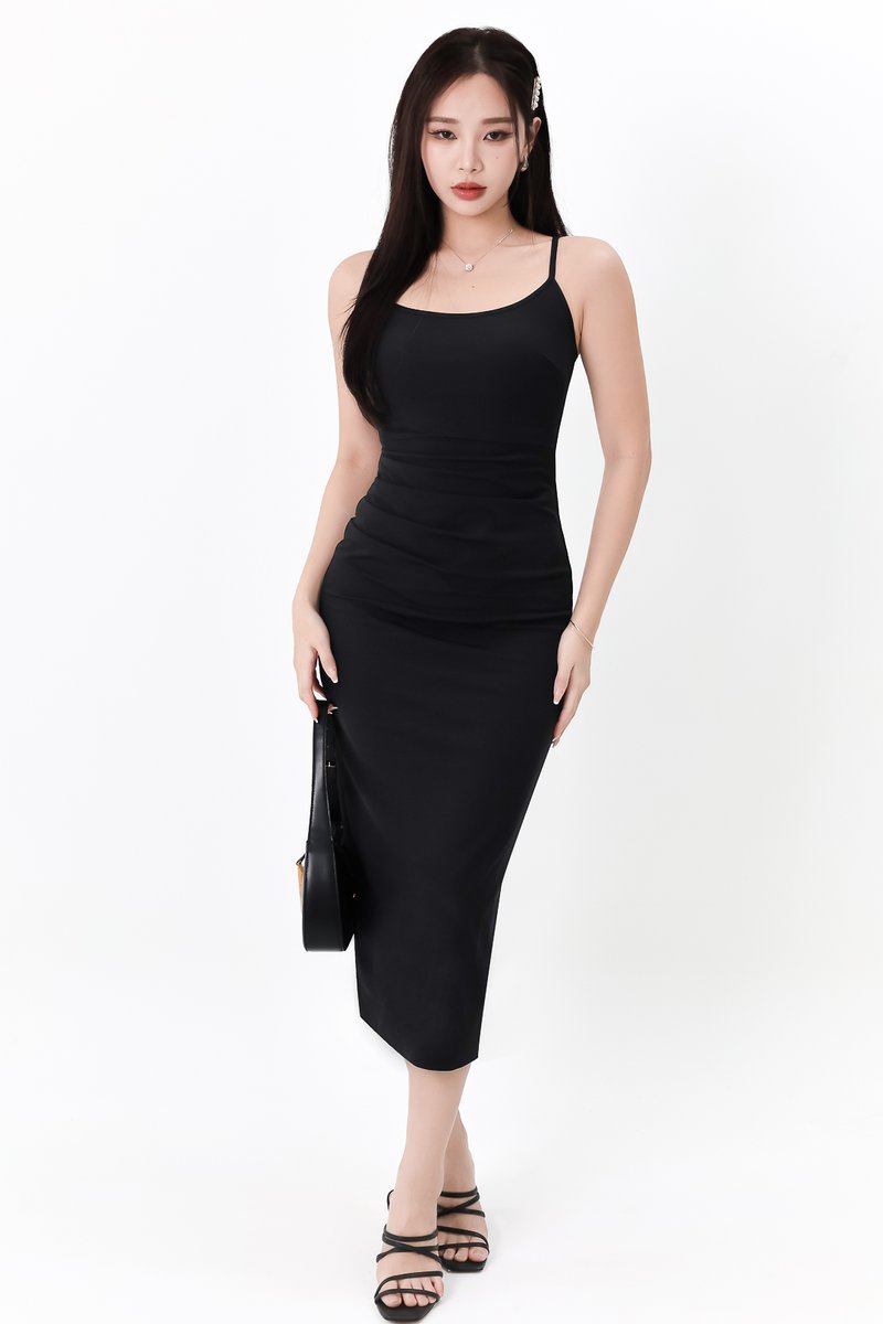 Rindie Ruched Slit Dress in Black