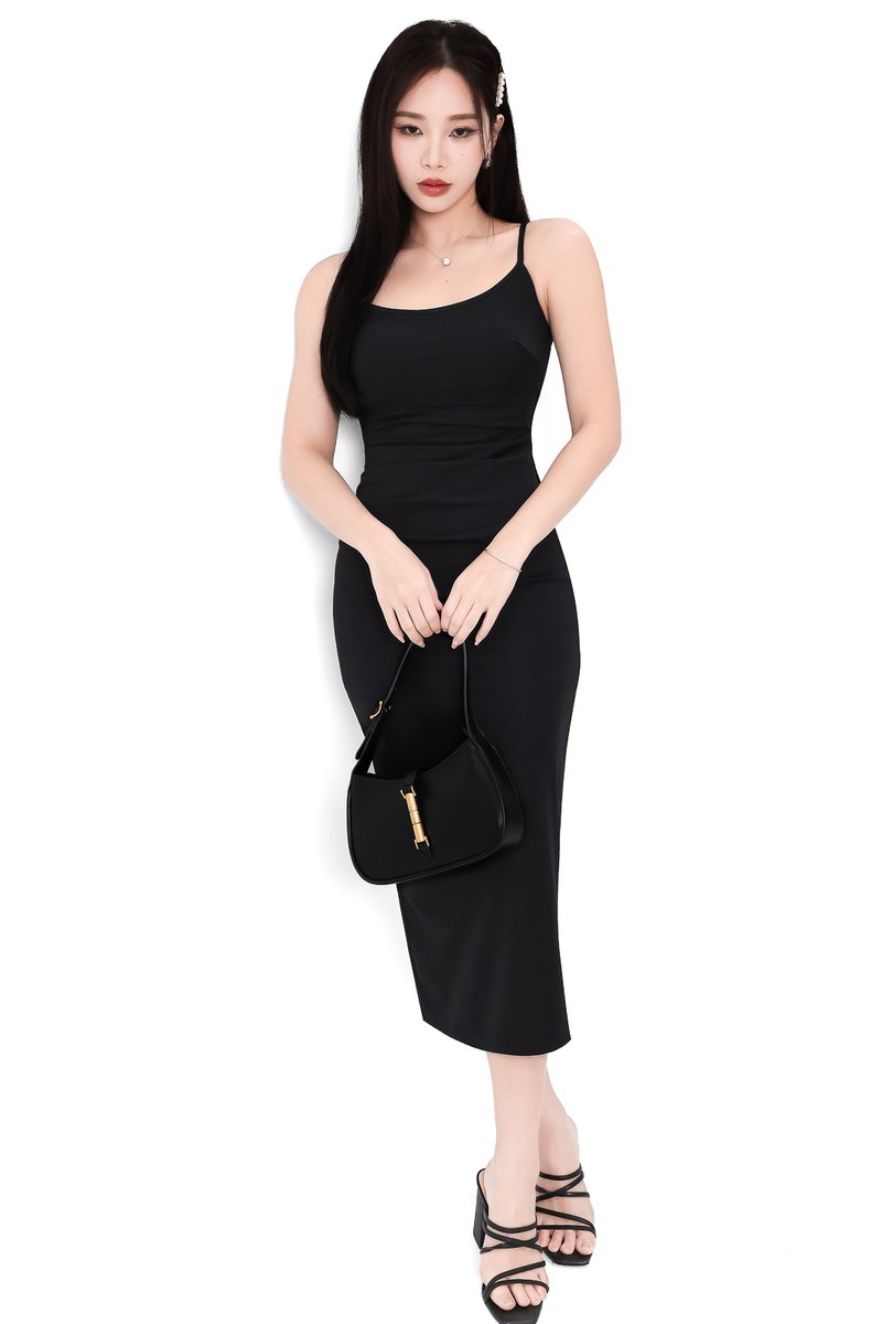 Rindie Ruched Slit Dress in Black