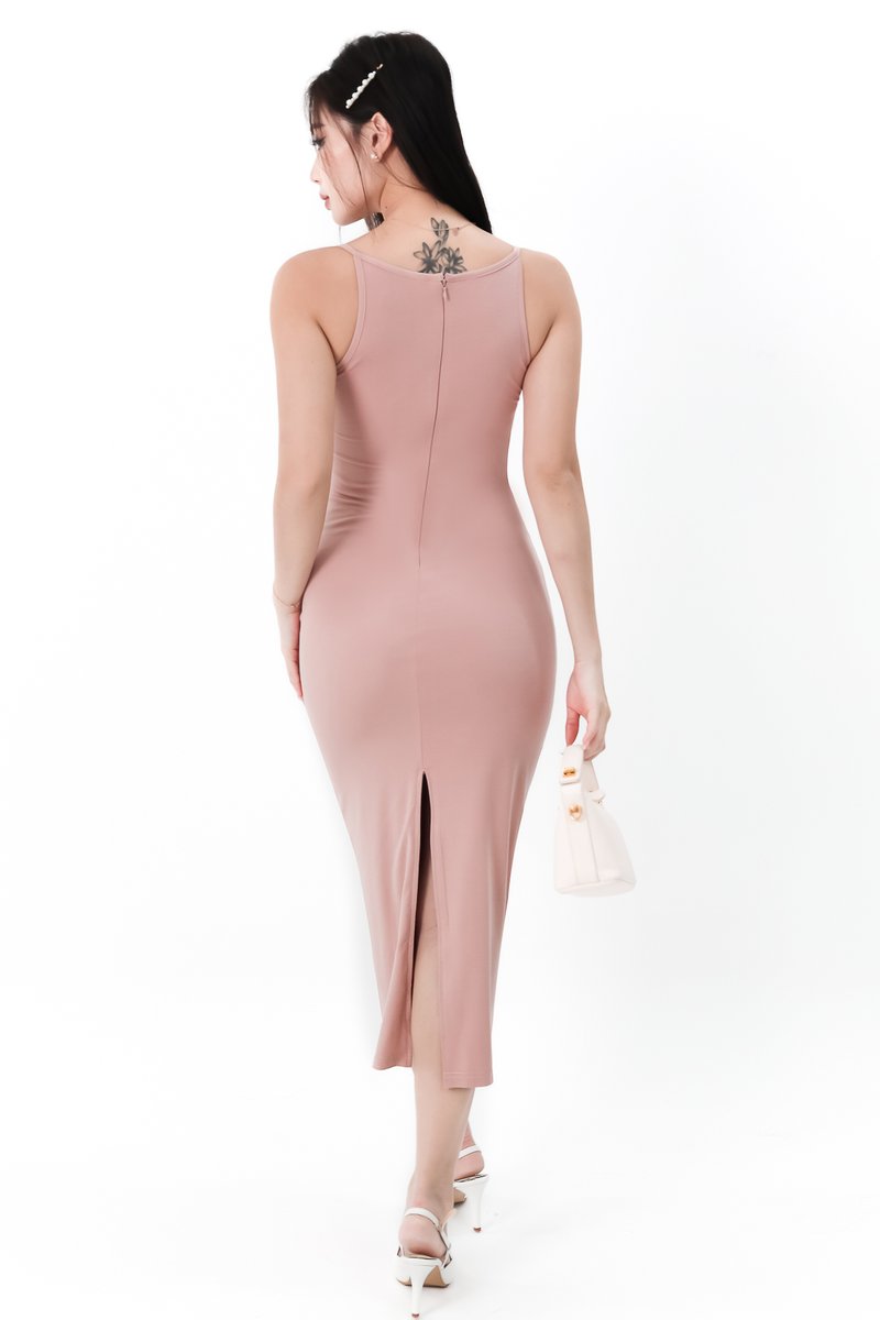 Rindie Ruched Slit Dress in Muted Pink