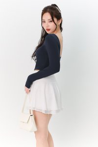 DEFECT | Leria Low Back Sleeve Top in Steel Blue in M