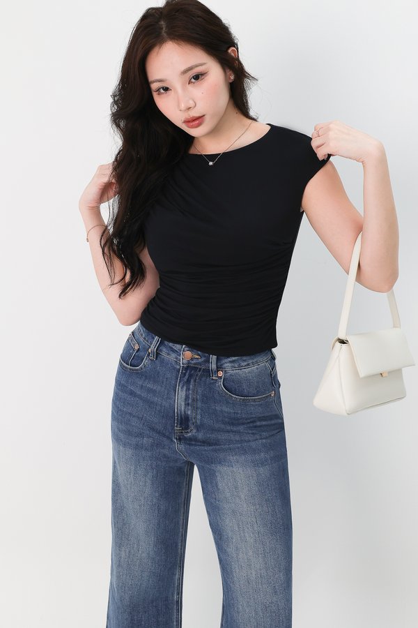 Diane Diagonal Ruched Tee in Black