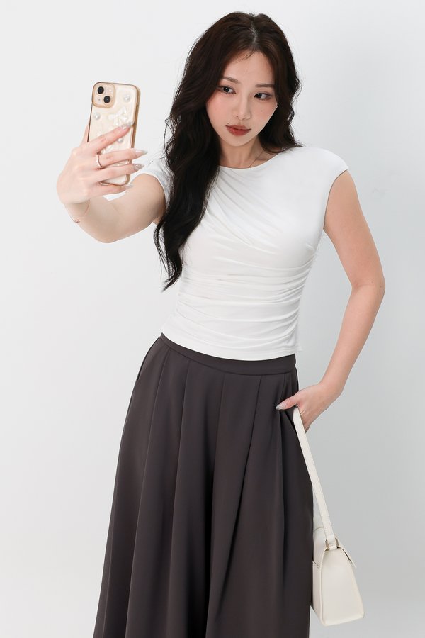 DEFECT | Diane Diagonal Ruched Tee in White in XL