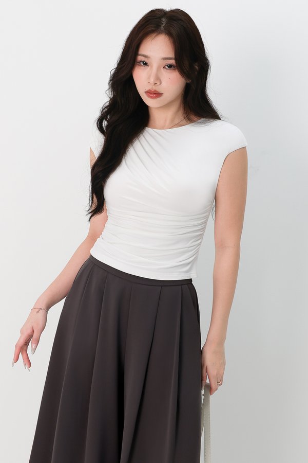 DEFECT | Diane Diagonal Ruched Tee in White in XL