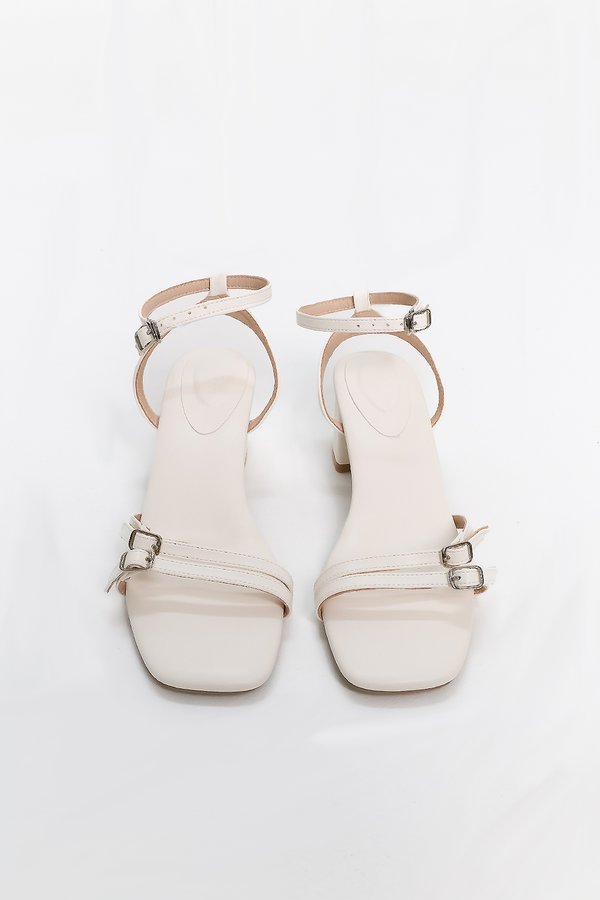 Brooklyn Buckle Strappy Block Heels in Cream White