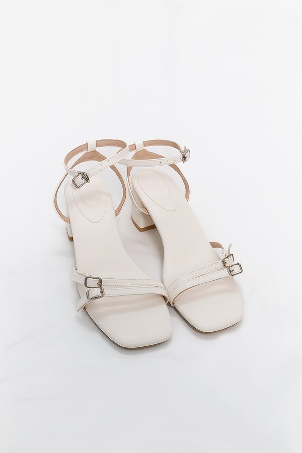 Brooklyn Buckle Strappy Block Heels in Cream White