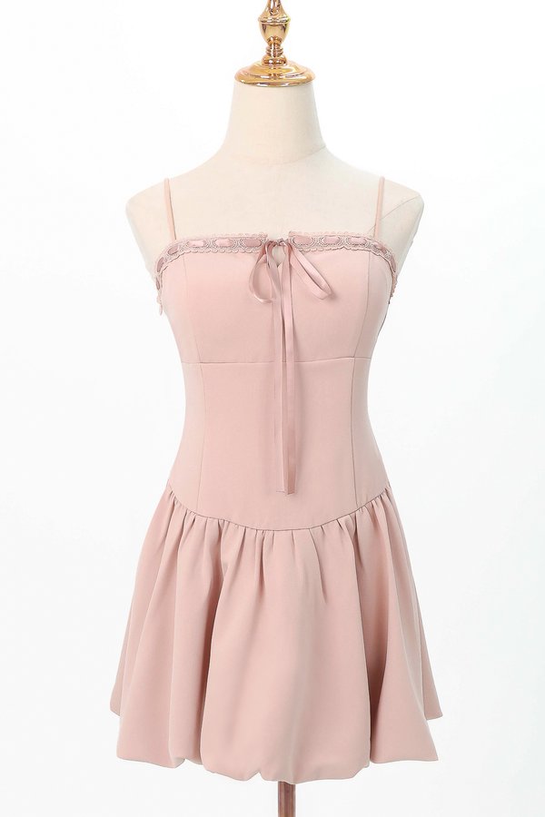 Brenna Bubble Hem Tie Romper Dress in Pink