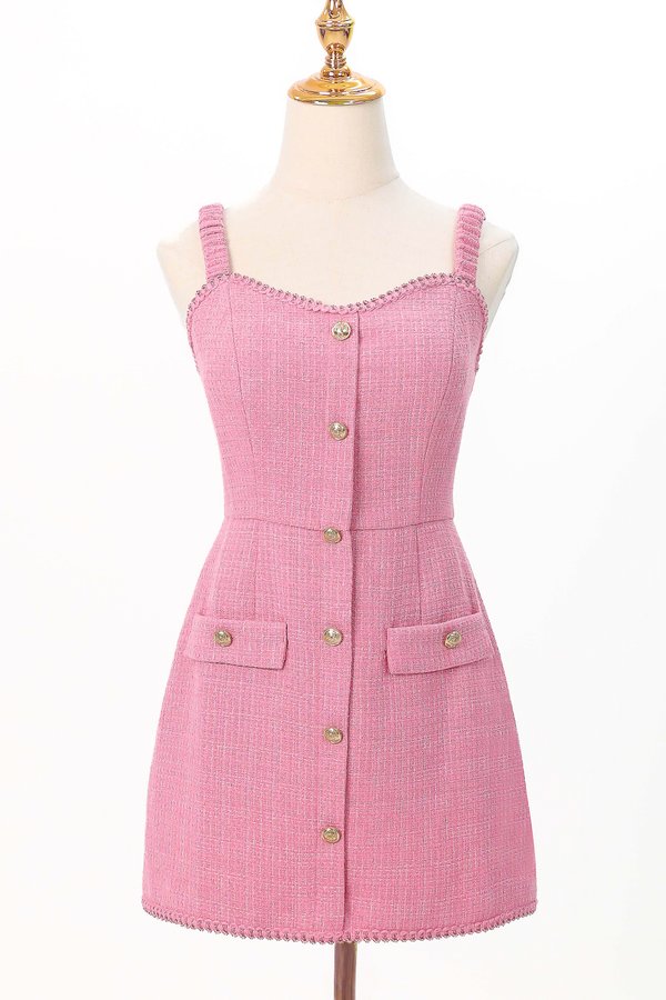 Selene Sweetheart Tweed Romper Dress in Barbie Pink