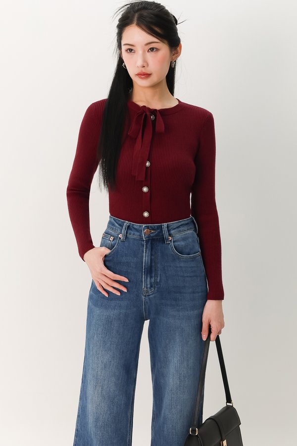 Terra Tie Ribbon Knit Long Sleeve Top in Dark Red