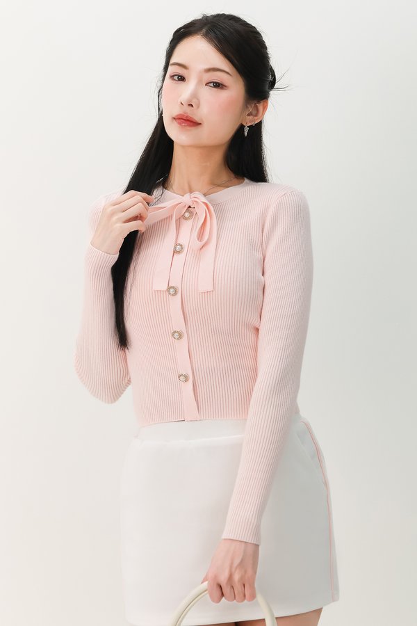 Terra Tie Ribbon Knit Long Sleeve Top in Pastel Pink