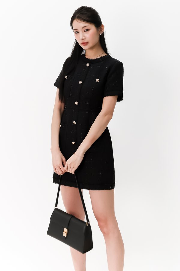 DEFECT | Tella Tweed Sleeved Dress in Black in M