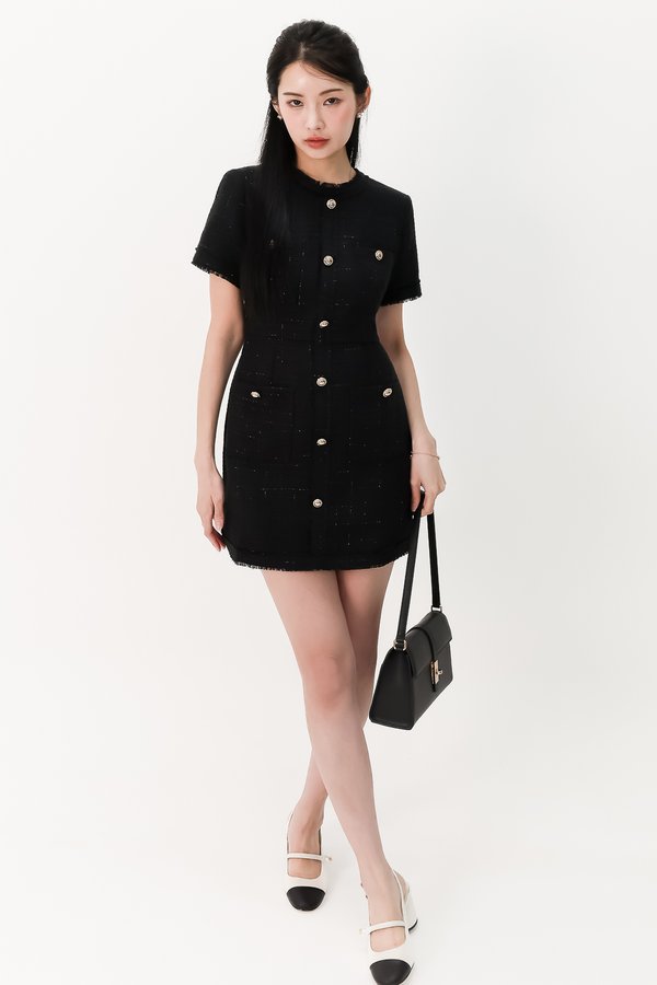 Tella Tweed Sleeved Dress in Black