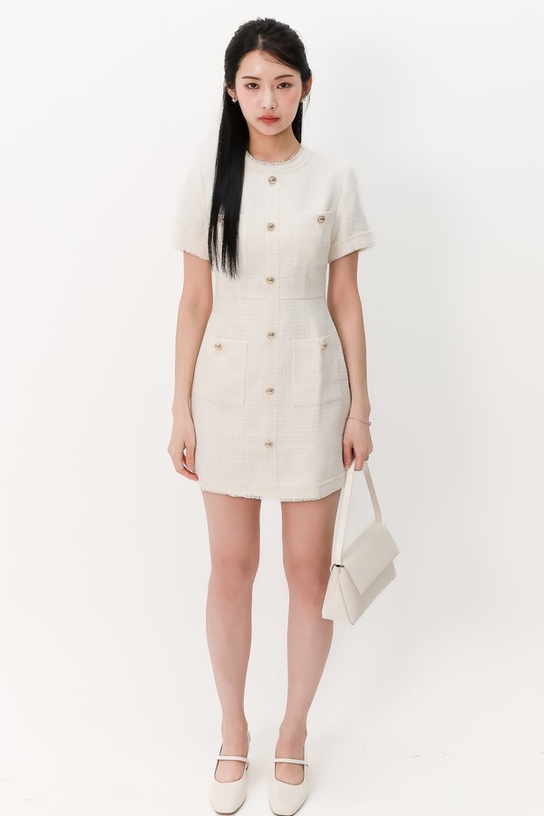 Tella Tweed Sleeved Dress in Cream White