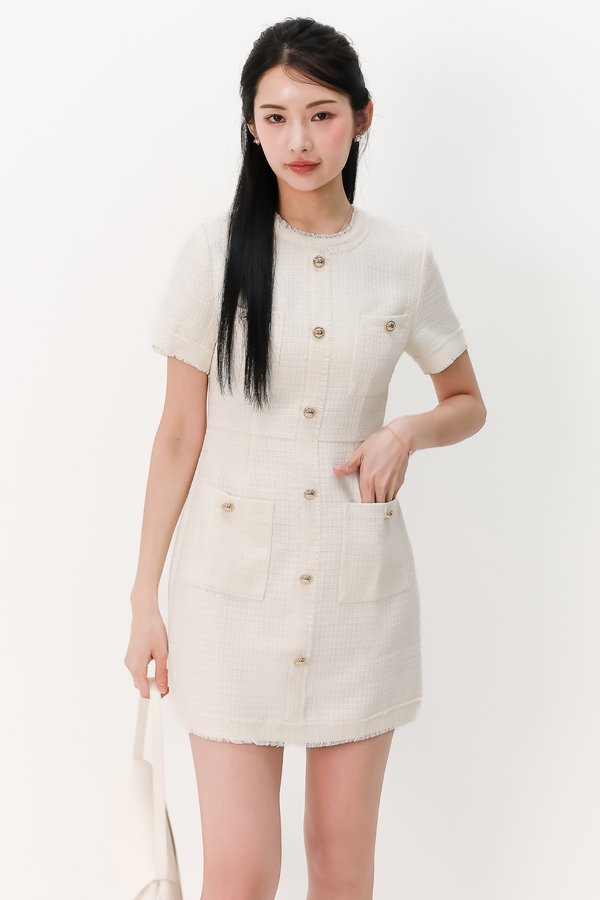 Tella Tweed Sleeved Dress in Cream White