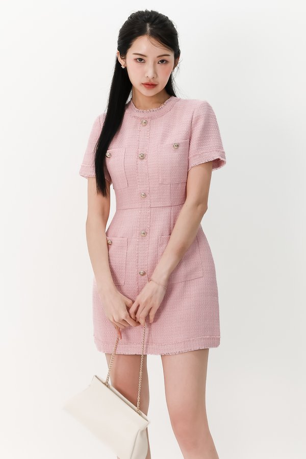 Tella Tweed Sleeved Dress in Pink