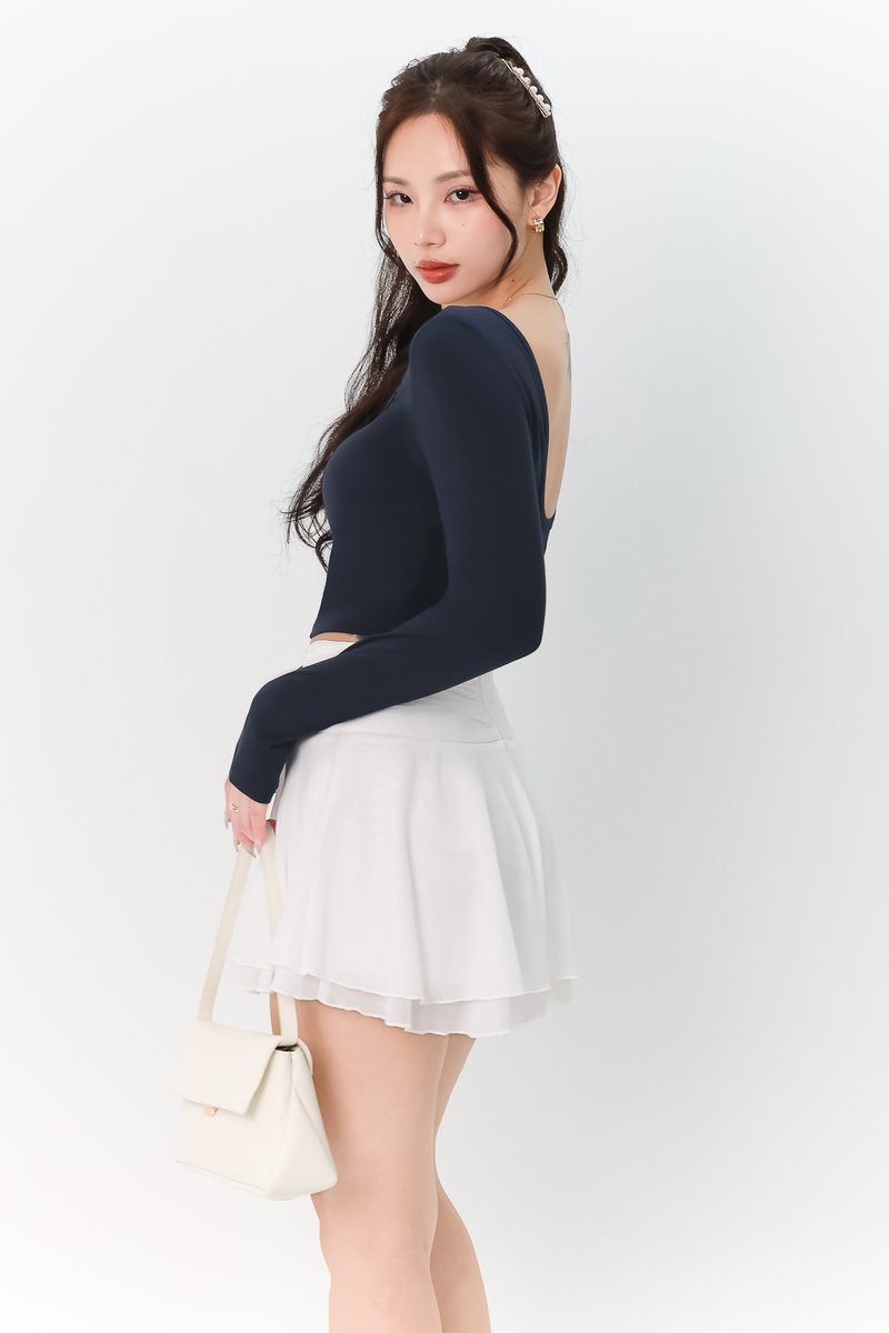 DEFECT | Leria Low Back Sleeve Top in Steel Blue in M