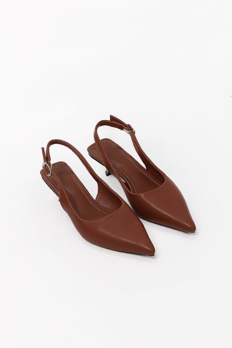 Perryn PU Leather Slingback Heels in Chocolate Brown Perryn PU Leather Slingback Heels in Chocolate Brown
