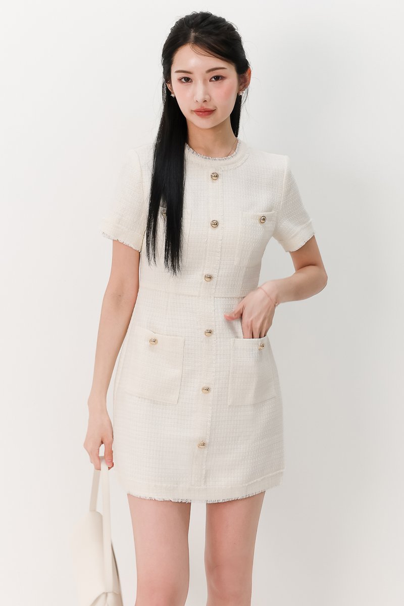 DEFECT | Tella Tweed Sleeved Dress in White XS DEFECT | Tella Tweed Sleeved Dress in White XS